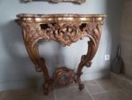 Louis XV console Repair of the whole frame, grafts on legs, gilding restoration and marble reglueing on a Louis XV console