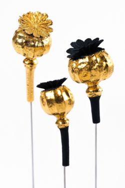 confinement #1 : 2 pavots dorés à la feuille d'or, chapeaux et tiges noires. 1 pavot doré à la feuille d'or 2 pavots dorés à la feuille d'or, chapeaux et tiges noires. 1 pavot doré à la feuille d'or